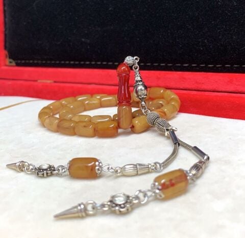 KESME MODEL SARI ,KIRMIZI İMAMELİ SIKMA KEHRİBAR TESBİH