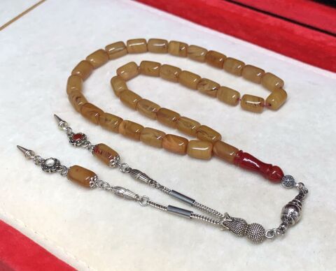 KESME MODEL SARI ,KIRMIZI İMAMELİ SIKMA KEHRİBAR TESBİH