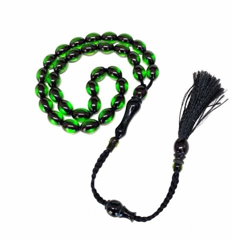 ATEŞ KEHRİBAR TESBİH YEŞİL BÜYÜK BOY İP PÜSKÜLLÜ BEYZİ MODEL