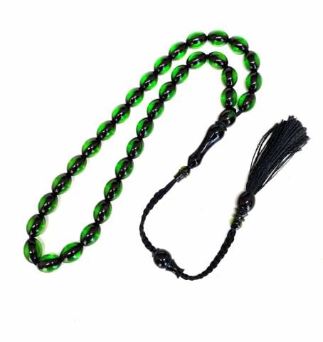 ATEŞ KEHRİBAR TESBİH YEŞİL BÜYÜK BOY İP PÜSKÜLLÜ BEYZİ MODEL