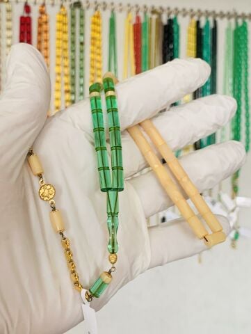 ALTIN PÜSKÜLLÜ BAL RENGİ - YEŞİL KATALİN TESBİH