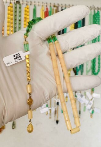 ALTIN PÜSKÜLLÜ BAL RENGİ - YEŞİL KATALİN TESBİH