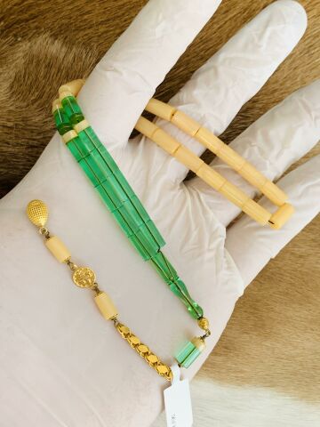 ALTIN PÜSKÜLLÜ BAL RENGİ - YEŞİL KATALİN TESBİH