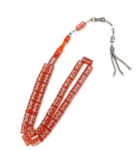 GÜMÜŞ İŞLEMELİ TURUNCU ATEŞ KEHRİBAR TESBİH KESME MODEL