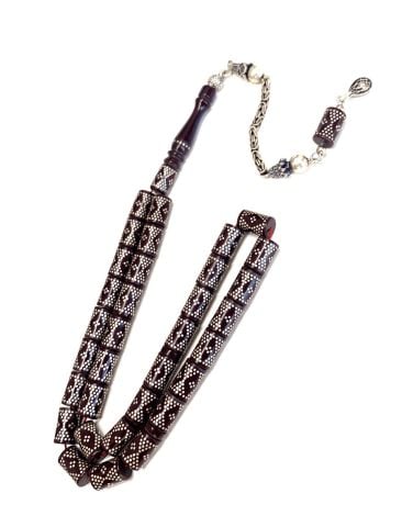 GÜMÜŞ İŞLEMELİ LACİVERT ATEŞ KEHRİBAR TESBİH KESME MODEL