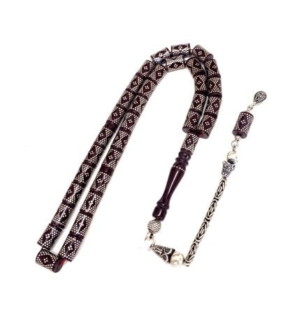 GÜMÜŞ İŞLEMELİ LACİVERT ATEŞ KEHRİBAR TESBİH KESME MODEL