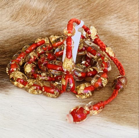 ALTIN PARÇACIKLI ÖZEL DÖKÜM KIRMIZI ŞEFFAF KATALİN TESBİH