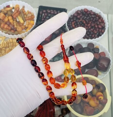 USTA İŞÇİLİK SIFIR DELİM SARI - KIRMIZI  SIKMA KEHRİBAR TESBİH