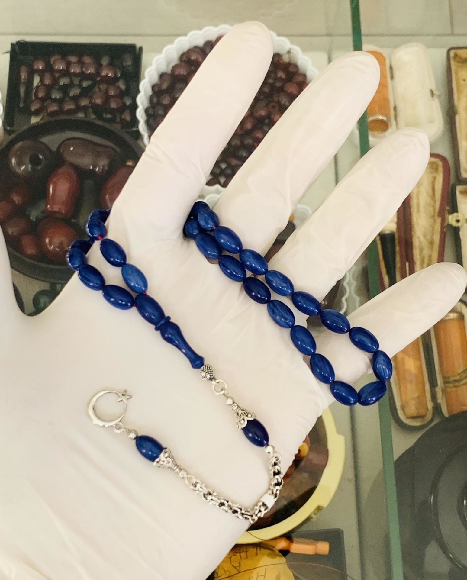 HARELİ MAVİ  KATALİN TESBİH BEYZİ MODEL ALPAKA PÜSKÜL