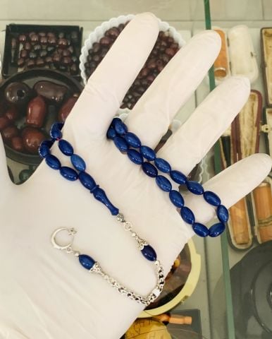 HARELİ MAVİ  KATALİN TESBİH BEYZİ MODEL ALPAKA PÜSKÜL