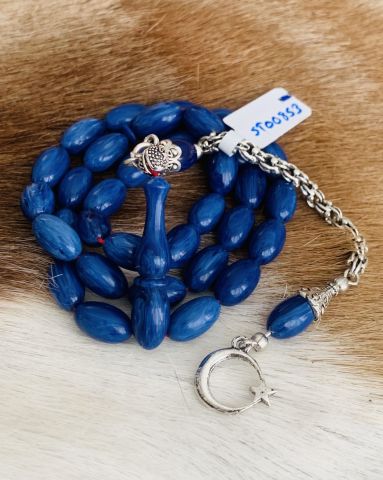 HARELİ MAVİ  KATALİN TESBİH BEYZİ MODEL ALPAKA PÜSKÜL