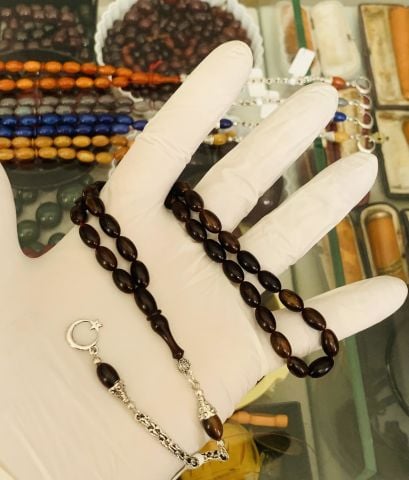 HARELİ KAHVE RENGİ KATALİN TESBİH BEYZİ MODEL ALPAKA PÜSKÜL