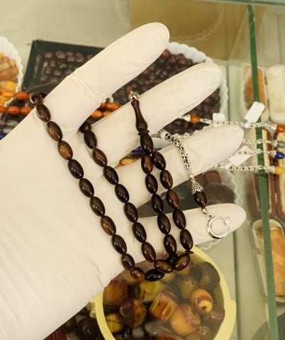 HARELİ KAHVE RENGİ KATALİN TESBİH BEYZİ MODEL ALPAKA PÜSKÜL