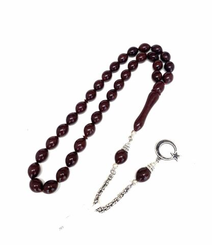 SIKMA KEHRİBAR TESBİH KAHVE RENGİ BEYZİ MODEL ALPAKA PÜSKÜL