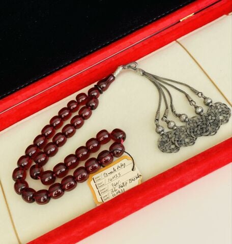 GALİP BAŞSAKA USTA İŞİ OSMANLI (OTTOMAN) ATEŞ KEHRİBAR TESBİH KIRMIZI KÜRE MODEL