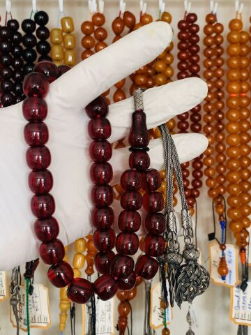 GALİP BAŞSAKA USTA İŞİ OSMANLI (OTTOMAN) ATEŞ KEHRİBAR TESBİH KIRMIZI KÜRE MODEL