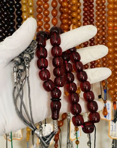 GALİP BAŞSAKA USTA İŞİ OSMANLI (OTTOMAN) ATEŞ KEHRİBAR TESBİH KIRMIZI KÜRE MODEL