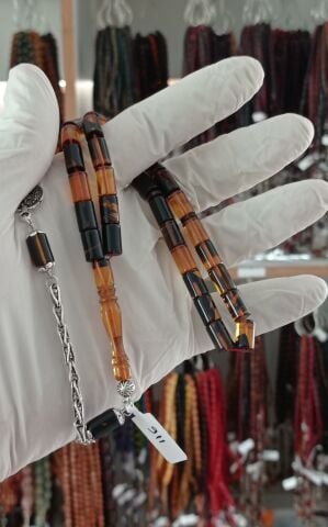 SIKMA KEHRİBAR TESBİH  SARI - SİYAH BÜYÜK BOY KESME MODEL