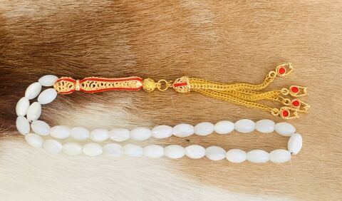 ÖZEL TASARIM İMAME İŞLEMELİ DOĞAL TAŞ BEYAZ SEDEF TESBİH