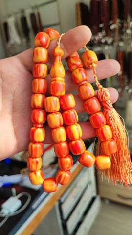 ÇUBUK KATALİN SARI KIRMIZI HARELİ KAPSÜL MODEL TESBİH