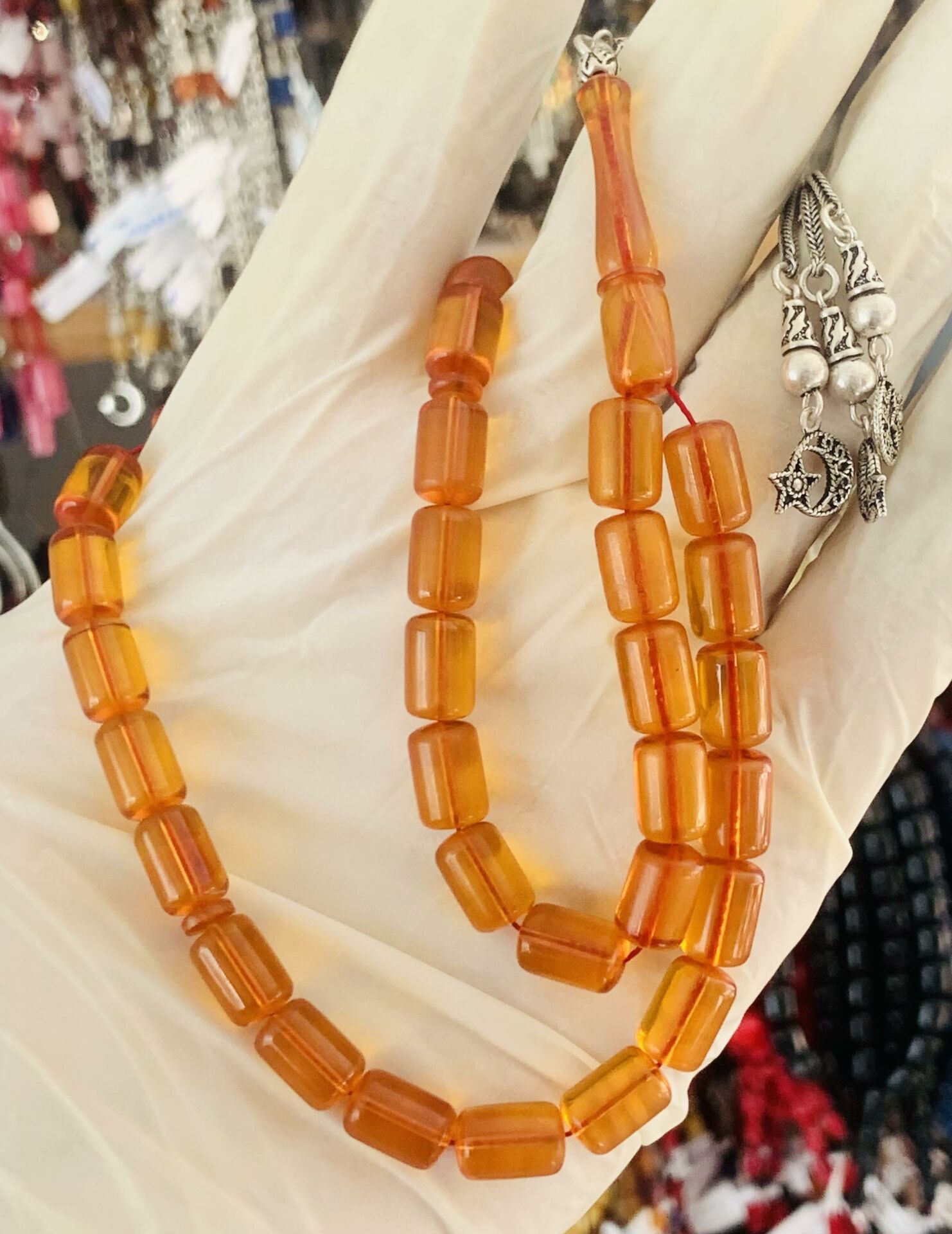 ESKİ MALZEME ALMAN SIKMA KEHRİBAR TESBİH GÜMÜŞ AY YILDIZ PÜSKÜLLÜ