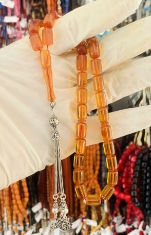 ESKİ MALZEME ALMAN SIKMA KEHRİBAR TESBİH GÜMÜŞ AY YILDIZ PÜSKÜLLÜ