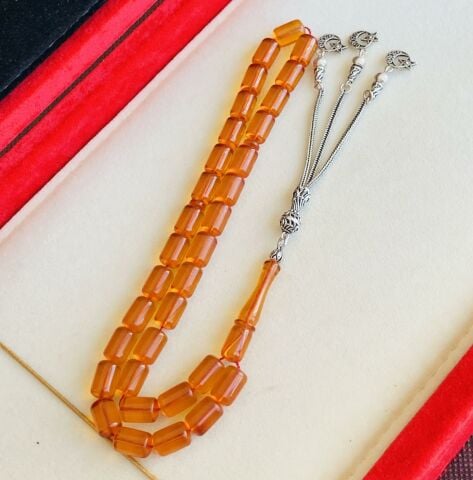 ESKİ MALZEME ALMAN SIKMA KEHRİBAR TESBİH GÜMÜŞ AY YILDIZ PÜSKÜLLÜ