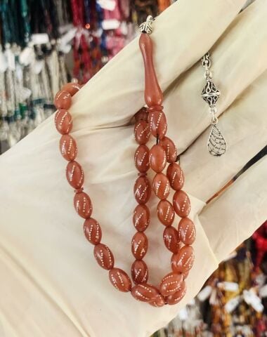 GÜMÜŞ İŞLEMELİ SIKMA KEHRİBAR TESBİH BEYZİ MODEL