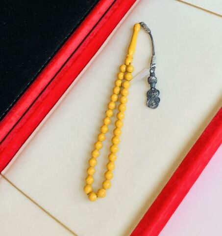 ESKİ MALZEME SARI KATALİN TESBİH GÜMÜŞ KAZAZİYE PÜSKÜLLÜ