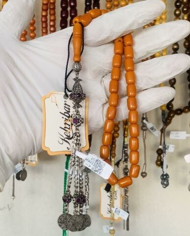 ESKİ OBJE TURUNCU KATALİN TESBİH DÖNEM İŞÇİLİK 45 HABBE ARABİK KAZAZİYE PÜSKÜLLÜ