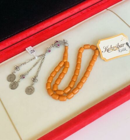 ESKİ OBJE TURUNCU KATALİN TESBİH DÖNEM İŞÇİLİK 45 HABBE ARABİK KAZAZİYE PÜSKÜLLÜ