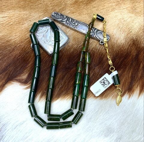 ALTIN PÜSKÜLLÜ KATALİN KESME MODEL YEŞİL HARELİ TESBİH