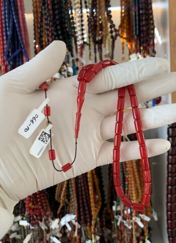 ESKİ ÇUBUK MALZEMEDEN KATALİN KAPSÜL KIRMIZI HARELİ MODEL TESBİH