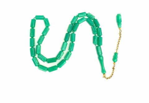 ALTIN PÜSKÜLLÜ ESKİ ÇUBUK MALZEME KATALİN YEŞİL HARELİ KAPSÜL MODEL TESBİH