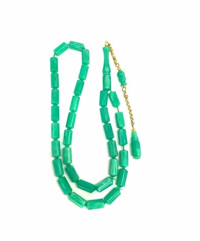 ALTIN PÜSKÜLLÜ ESKİ ÇUBUK MALZEME KATALİN YEŞİL HARELİ KAPSÜL MODEL TESBİH