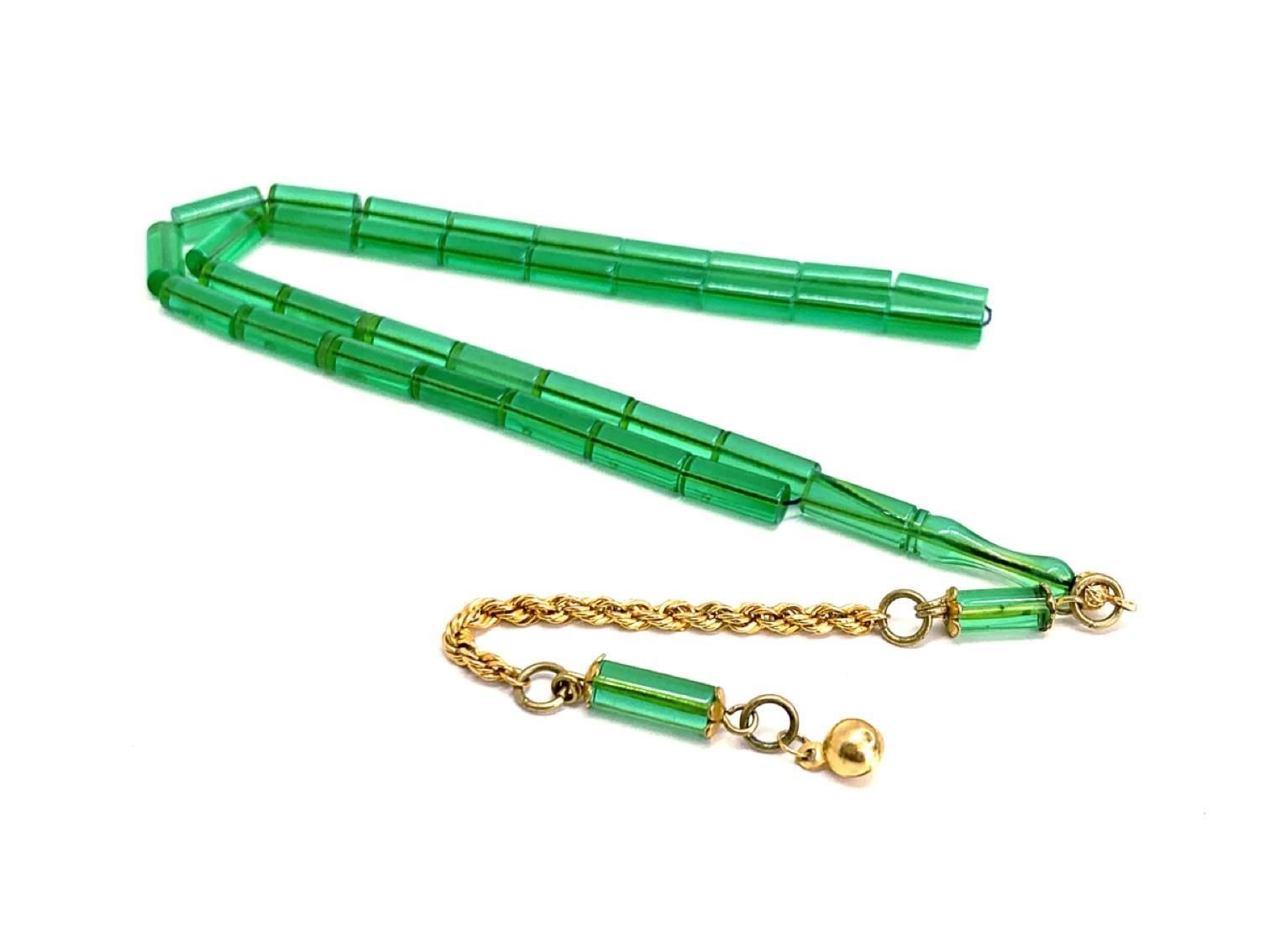 ALTIN PÜSKÜLLÜ KATALİN ŞEFAF YEŞİL KESME MODEL TESBİH