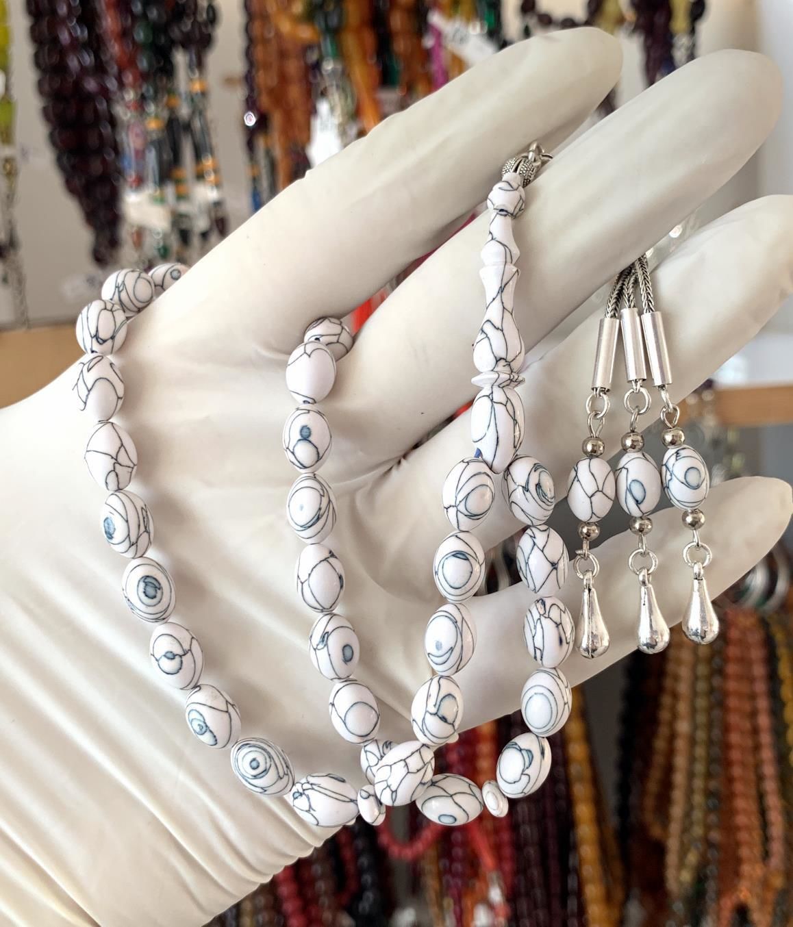 GALALİT BEYZİ MODEL BEYAZ MAVİ HARELİ TESBİH