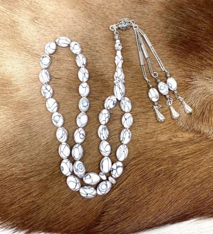 GALALİT BEYZİ MODEL BEYAZ MAVİ HARELİ TESBİH