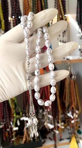 GALALİT BEYZİ MODEL BEYAZ MAVİ HARELİ TESBİH