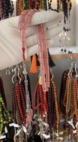 YENİ MALZEMEDEN OSMANLI SIKMA KEHRİBAR PEMBE KESME MODEL TESBİH