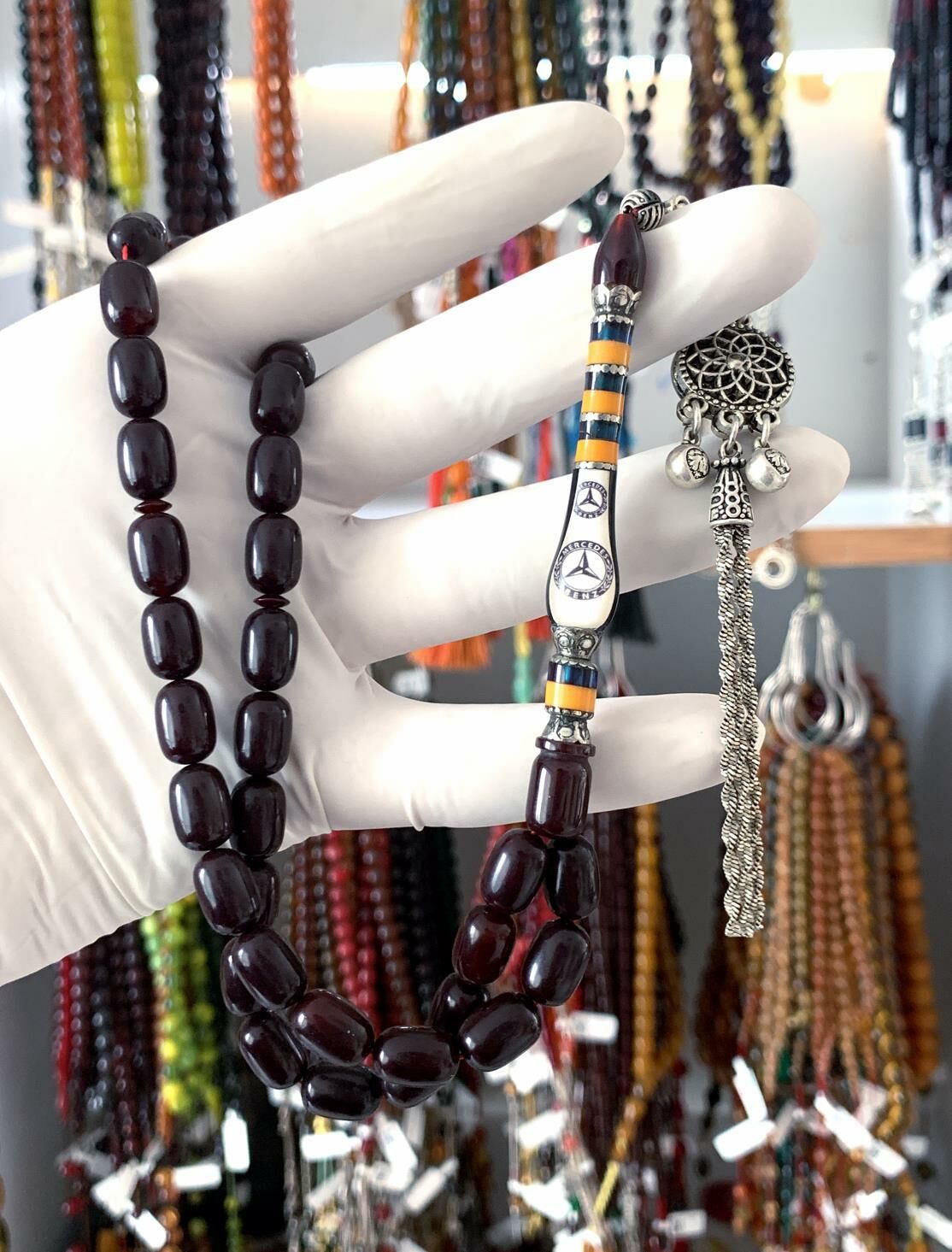 MERCEDES İMAME İŞLEMELİ SIKMA KEHRİBAR BORDO BEYZİ MODEL TESBİH