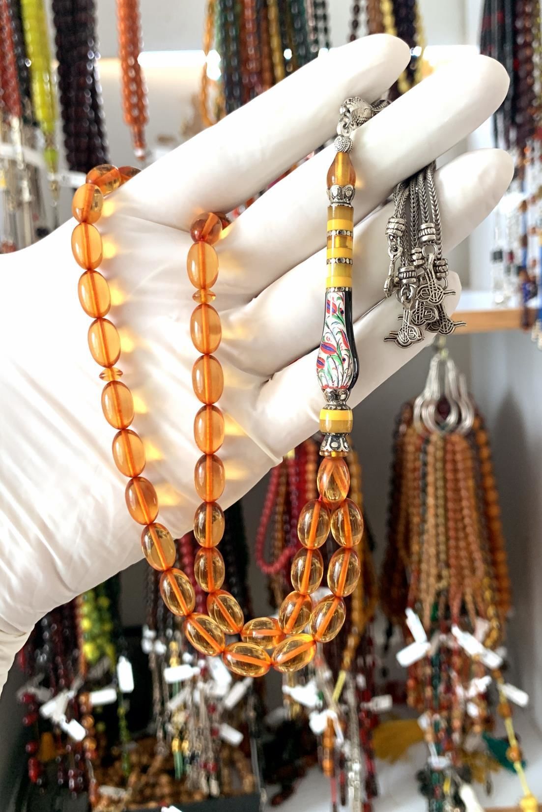 LALE İŞLEMELİ ATEŞ KEHRİBAR BEYZİ MODEL TESBİH