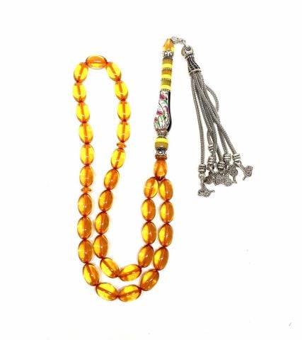 LALE İŞLEMELİ ATEŞ KEHRİBAR BEYZİ MODEL TESBİH