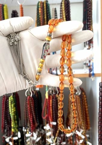 LALE İŞLEMELİ ATEŞ KEHRİBAR BEYZİ MODEL TESBİH