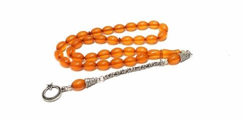 ATEŞ KEHRİBAR BAL RENGİ BEYZİ MODEL TESBİH AY YILDIZ PÜSKÜLLÜ