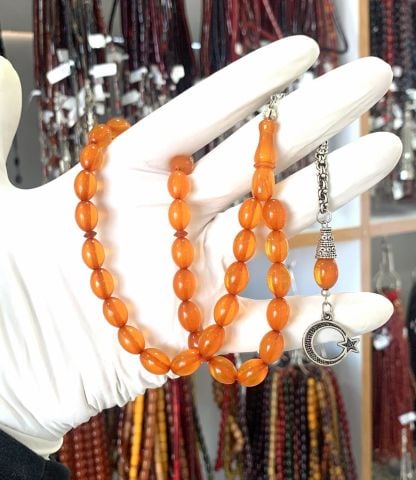 ATEŞ KEHRİBAR BAL RENGİ BEYZİ MODEL TESBİH AY YILDIZ PÜSKÜLLÜ