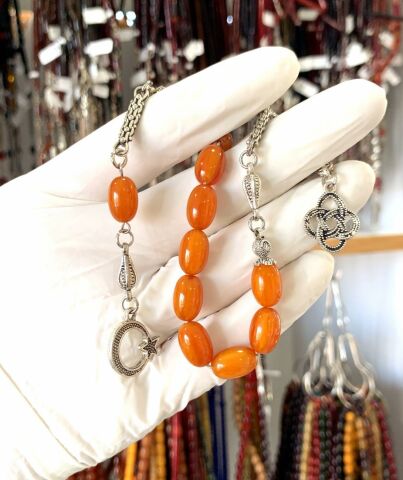 ZAZA SIKMA KEHRİBAR TURUNCU TESBİH AY YILDIZ PÜSKÜLLÜ