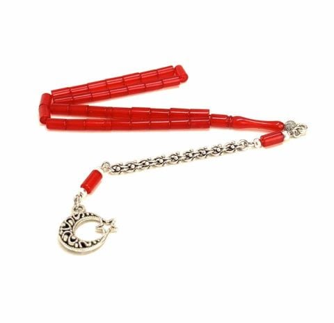 ZAR KEHRİBAR KIRMIZI KESME MODEL TESPİH AY YILDIZ PÜSKÜLLÜ