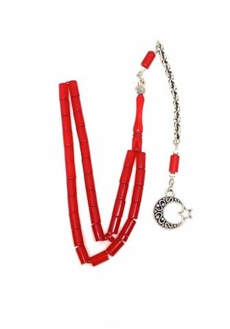 ZAR KEHRİBAR KIRMIZI KESME MODEL TESPİH AY YILDIZ PÜSKÜLLÜ