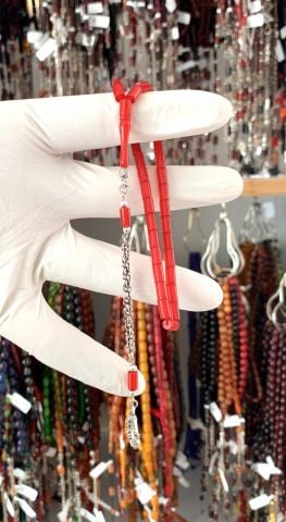 ZAR KEHRİBAR KIRMIZI KESME MODEL TESPİH AY YILDIZ PÜSKÜLLÜ